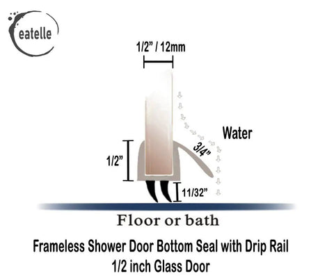 Diagram of shower door bottom seal with drip rail for 1/2 inch glass, ultra clear polycarbonate, water tight seal.