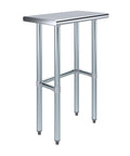 Real Deal Heavy Duty Stainless Steel Work Table With Spacious Open Base Clearance NSF Approved Utility Bench Garage And Laundry 24 Inch By 14 Inch Built Different For Serious Home Projects, close-up of stainless steel top with galvanized legs.