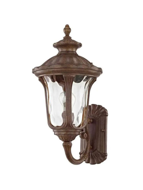 Oxford Style 1 Light Imperial Bronze Cast Aluminum Wall Lantern With Amber Water Glass for outdoor traditional lighting on porch.