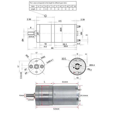Technical drawing and side view of JGA25-370 Gear Motor 12V DC Low RPM High Torque Micro Gearbox Motor for Robotics details