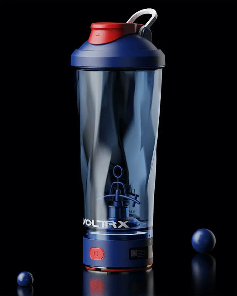 Blue electric shaker bottle with USB C rechargeable motor, 24 oz protein shake mixer, BPA free, waterproof build with LED light base.