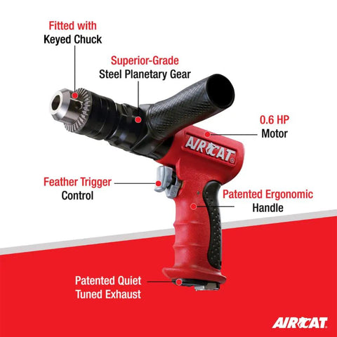 1/2-Inch Reversible Composite Pneumatic Drill Air Tool With Side Handle, 400 RPM, 0.60 HP Motor, Beastly Durability, Quiet Exhaust Tech