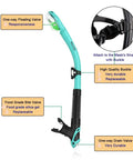 All In One Snorkeling Set For Adults And Teens With Anti Fog Mask Lenses Purge Valve Anti Splash Silicone Mouthpiece Dry Snorkel Gear Adjustable Head Straps Malachite Green showing floating valve and buckle details