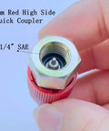 R12 To R134A AC Retrofit Fitting Adapter Kit, red high side 16mm quick coupler with 1/4 inch SAE, close-up view