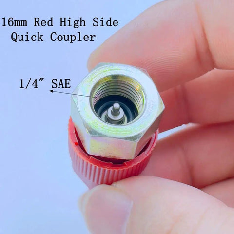 R12 To R134A AC Retrofit Fitting Adapter Kit, red high side 16mm quick coupler with 1/4 inch SAE, close-up view