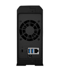 Back view of Rock Solid Ds118 Nas Server with 8Tb Internal Drive and 1GbE Ethernet Port showing fan and ports.