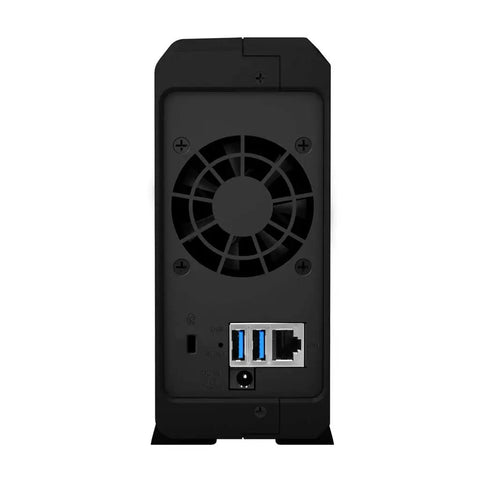 Back view of Rock Solid Ds118 Nas Server with 8Tb Internal Drive and 1GbE Ethernet Port showing fan and ports.