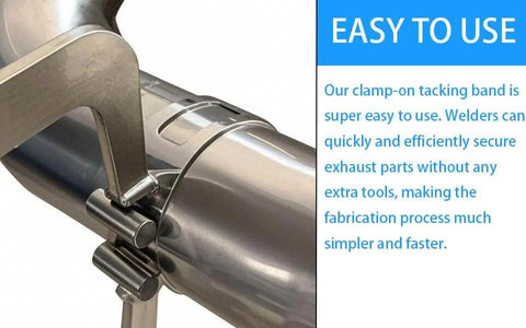 Close-up view of Stainless Steel Exhaust Tack Welding Clamp-On Kit for 2 inch to 3.5 inch pipes, showing corrosion-resistant clamp use.