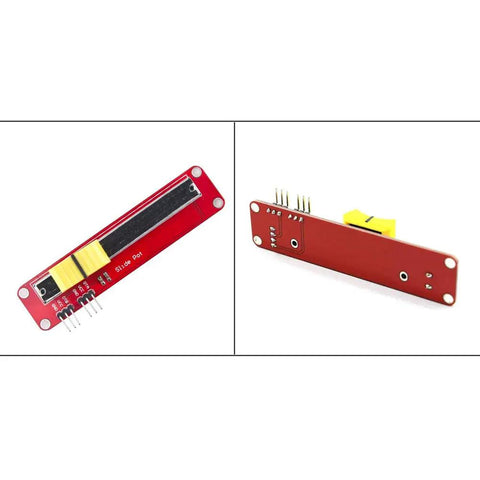 Front and side view of Two Pack 10K Linear Slide Potentiometer Module With Dual Analog Outputs For Arduino And MCU Projects 3.3V To 5V Compatible Compact 90 By 20 Millimeter Lightweight 20 Grams