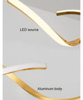Close-up of Modern Wave LED Pendant Light Featuring Brushed Gold Finish and Clean Geometric Lines, showcasing aluminum body and LED source.
