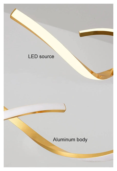 Close-up of Modern Wave LED Pendant Light Featuring Brushed Gold Finish and Clean Geometric Lines, showcasing aluminum body and LED source.