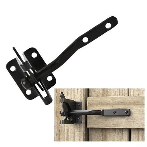 Heavy Duty Automatic Gate Latch Featuring Tough As Nails Self Actuating Mechanism And Secure Padlock Loop Built For Up To 144Mm Gates installed on wooden fence.