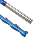 Upcut spiral carbide router bit, 1/4-inch shank, blue coating, 2-inch cutting length (angled close-up).