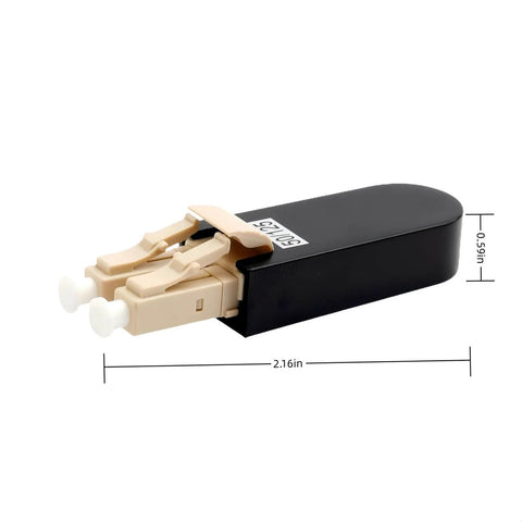 Multimode LC Loopback Fiber Optic Adapter for Equipment Testing, PEI shell with ceramic sleeve, 50 to 125 micron fiber, side view