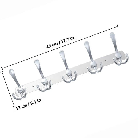 Two Piece Five Hook Wall Mounted Coat Rack Made From Solid Stainless Steel Featuring A Polished Mirror Finish Great For Bathrooms Bedrooms And Hallways A Real Deal Storage Solution, with measurement details.