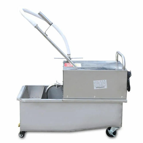 Mobile Fryer Oil Filter System Built Dead Serious With 304 Stainless Steel And Smooth Electric Filtration Machine On Rolling Cart, side view.