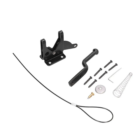 Heavy Gauge Iron Fence Lock With Self Locking Gate Latch And Adjustable Pull Cable Locks Dead Tight Backyard Security Gear, components arranged.