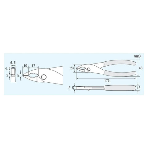 Diagram of 7 Inch Screw Extractor Slip Joint Pliers With 2 Way Vertically Serrated Jaws, displaying dimensions and specifications.