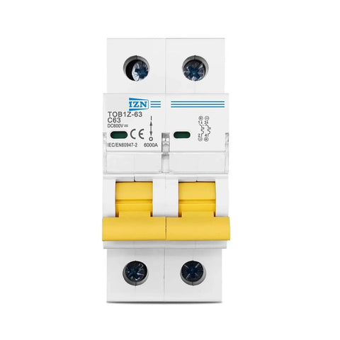 Rock Solid Heavy Duty 2 Pole DC Circuit Breaker With C Curve For 600 Volt Systems shows a dual pole design, rated 6000 amps.