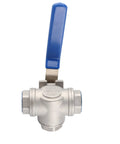 Rock Solid 304 Stainless Steel Three Way T Port Ball Valve 3/4 Inch DN20 with blue lever for fluid control.
