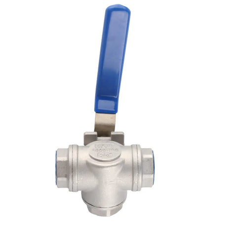 Rock Solid 304 Stainless Steel Three Way T Port Ball Valve 3/4 Inch DN20 with blue lever for fluid control.