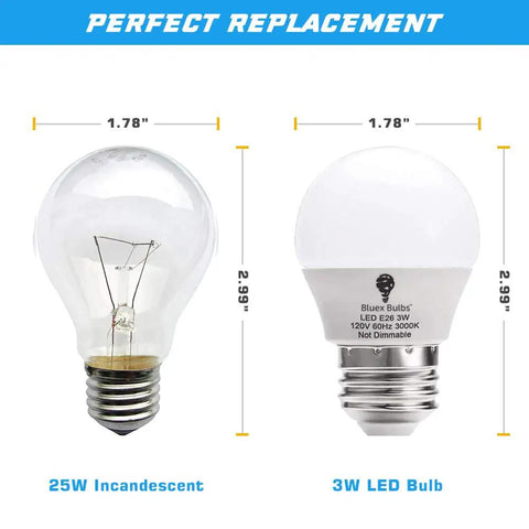 Comparison of 25W incandescent bulb and 3W LED bulb with E26 base, Eight Pack 3W LED Light Bulbs E26 Base 120V Warm White 3000K, 25W Equivalent.