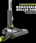 Close-up of Heavy Hitting Cordless Stick Vacuum Cleaner With 18 Volt Battery And Quick Charger featuring removable roller bar for hair removal.