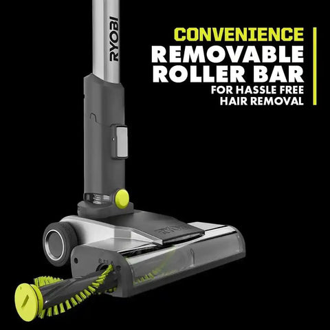 Close-up of Heavy Hitting Cordless Stick Vacuum Cleaner With 18 Volt Battery And Quick Charger featuring removable roller bar for hair removal.