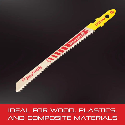 Bi-Metal Dual Shank Wood Jig Saw Blade, 3-Inch, 9-19 TPI Scroll Tooth, displayed on black background.