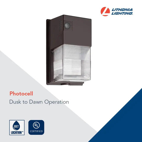Outdoor LED Wall Pack Light With Dusk To Dawn Photocell, 5000K Daylight, 120-277V, Bronze Finish, wet location rated, side view