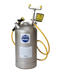 Straight Up Reliable Heavy Duty 10 Gallon Pressurized Portable Eyewash Station with stainless steel tank and yellow hose.