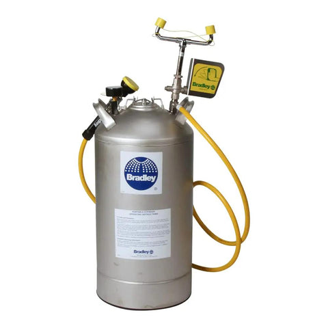 Straight Up Reliable Heavy Duty 10 Gallon Pressurized Portable Eyewash Station with stainless steel tank and yellow hose.