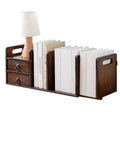 Walnut Color Bamboo Desk Shelf Organizer With Multipurpose Expandable Bookshelf, two drawers, books, and lamp