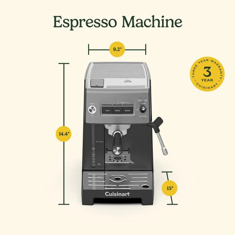 Professional Grade Home Espresso Maker Featuring Solid Twenty Bar Pressure And A Stainless Steel Bottomless Portafilter For Straight Up Cafe Kick And Zero Fuss Brewing Any Day with dimensions displayed.