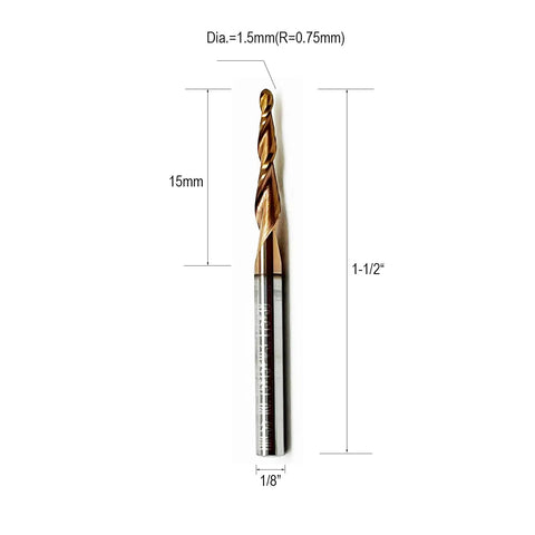 Five Piece Tapered Ball Nose End Mill Set For CNC Router Bits One Eighth Inch Shank Three Quarter Millimeter Radius Tips