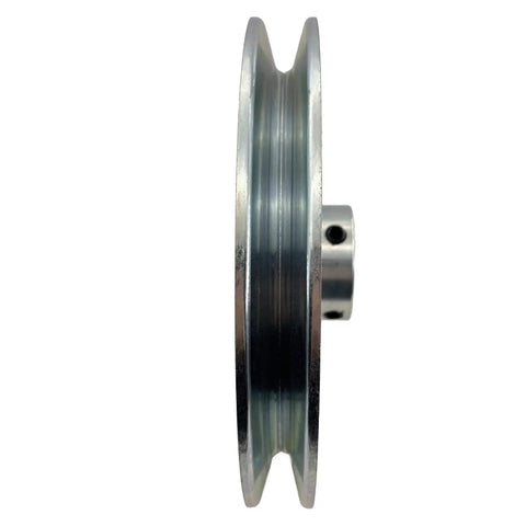 Side view of Single Groove 7 Inch V Belt Pulley For Motors Five Eighths Inch Bore Carbon Steel Zinc Plated Tough As Nails Built To Last