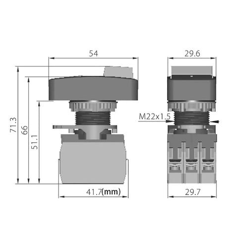 Industrial Push Button Switch With 1NO 1NC Contacts For Electrical Equipment, Compatible With AC 125V 250V And 400V, side view with M22x1.5 thread and 54mm height
