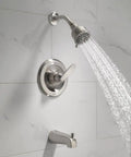 13 Series 2-Spray Bathtub And Shower Faucet Trim Kit in Brushed Nickel Finish With Stainless BT13410-SS installed on tile wall
