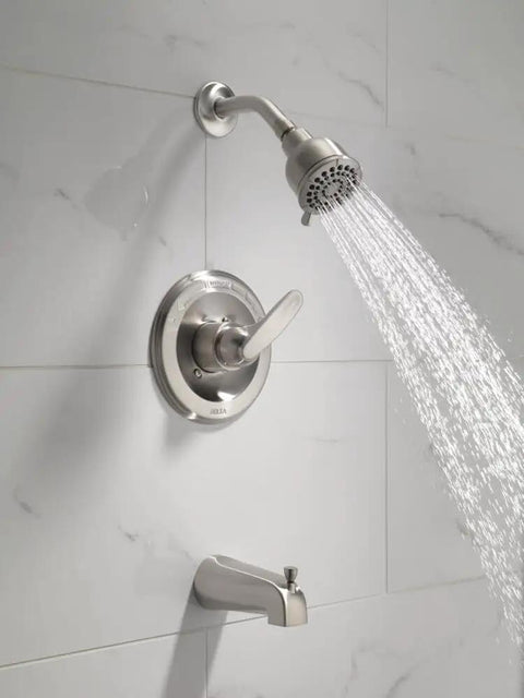 13 Series 2-Spray Bathtub And Shower Faucet Trim Kit in Brushed Nickel Finish With Stainless BT13410-SS installed on tile wall