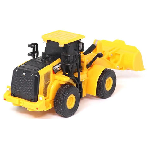 1:64 Scale RC Cat 950M Wheel Loader Toy Truck - Battery Powered, Plastic Construction, Yellow Model 26003, side view
