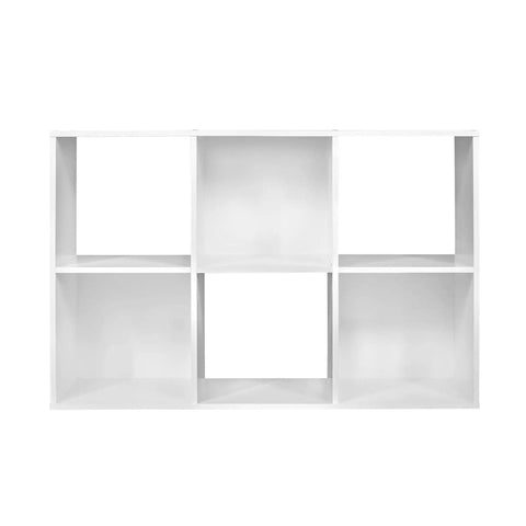 Front view of Six Cube Storage Organizer Bookshelf Dope Cube Shelves Set for home office or bedroom, white wood finish.