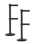 Set Of 2 Dual Retractable Belt Barrier Stanchions With Cast Iron Bases And Black Posts, 7.5 Foot Belts, ADA Compliant Boss Level