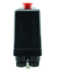 Front view of Vertical Four Way Air Compressor Pressure Switch 90-120 PSI 240V Black, Plug And Play High Flow Controller, Compact 82x52x127mm