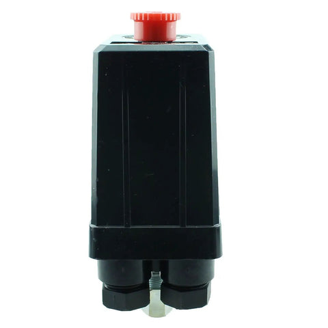 Front view of Vertical Four Way Air Compressor Pressure Switch 90-120 PSI 240V Black, Plug And Play High Flow Controller, Compact 82x52x127mm