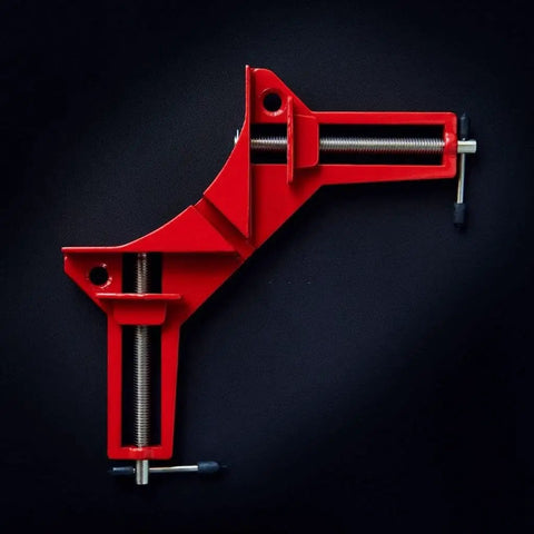 Pro Grade 90 Degree Corner Clamps For Woodworking Right Angle Clamp, red metal with L shaped jaws, visible screws and mounting holes.