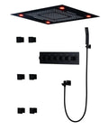 Top Shelf Ceiling Mount Rain Shower Kit With Bright LED Temp Display And Swift Handheld Switch Featuring Polished Body Jets Brushed Gold Thermostatic Valve Solid Build Bath Upgrade with sleek black finish.