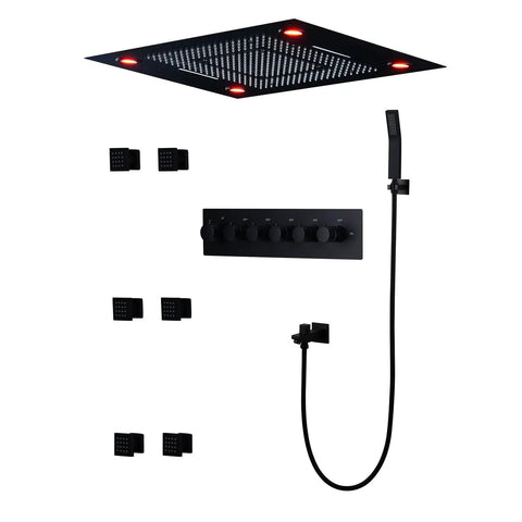 Top Shelf Ceiling Mount Rain Shower Kit With Bright LED Temp Display And Swift Handheld Switch Featuring Polished Body Jets Brushed Gold Thermostatic Valve Solid Build Bath Upgrade with sleek black finish.
