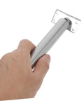 Badass Heavy Duty Adjustable Door Closer With Rock Solid Spring Pole Latch, hand holding metal pole latch.