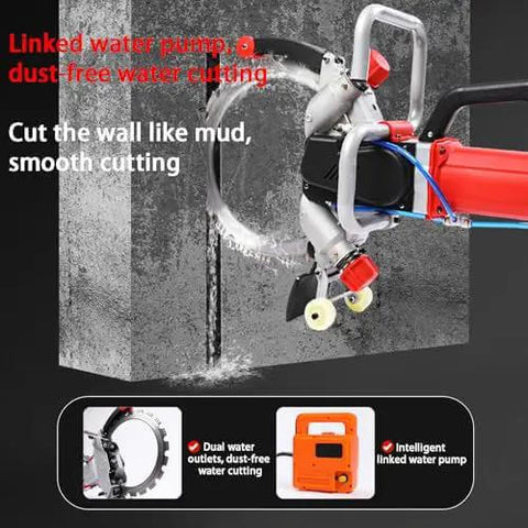 Heavy-Duty Concrete Circular Saw With Water Pump For Wet Dry Cutting Of Stone And Reinforced Concrete Up To 270mm Deep cutting a smooth wall edge.