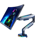 Pro Level T18 Monitor Stand With Rock Solid Articulating Arm And Slick Rgb Lighting, showing adjustable RGB-lit arm and monitor.